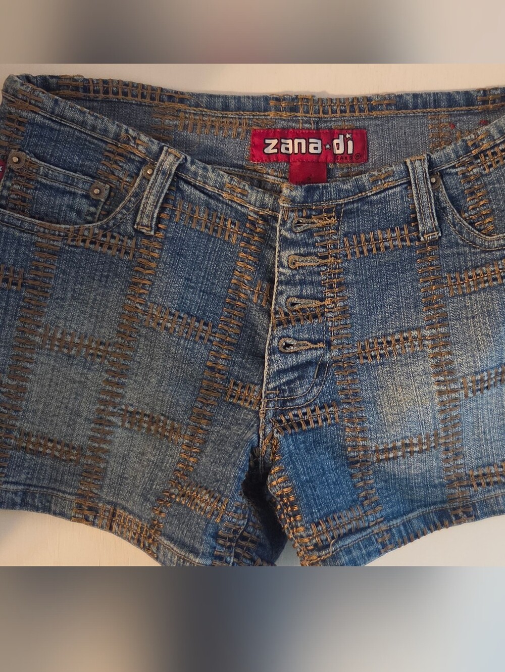 Vintage Zana Di Patchwork Blue Denim Jeans with Tan Stitching Y2k Size 3